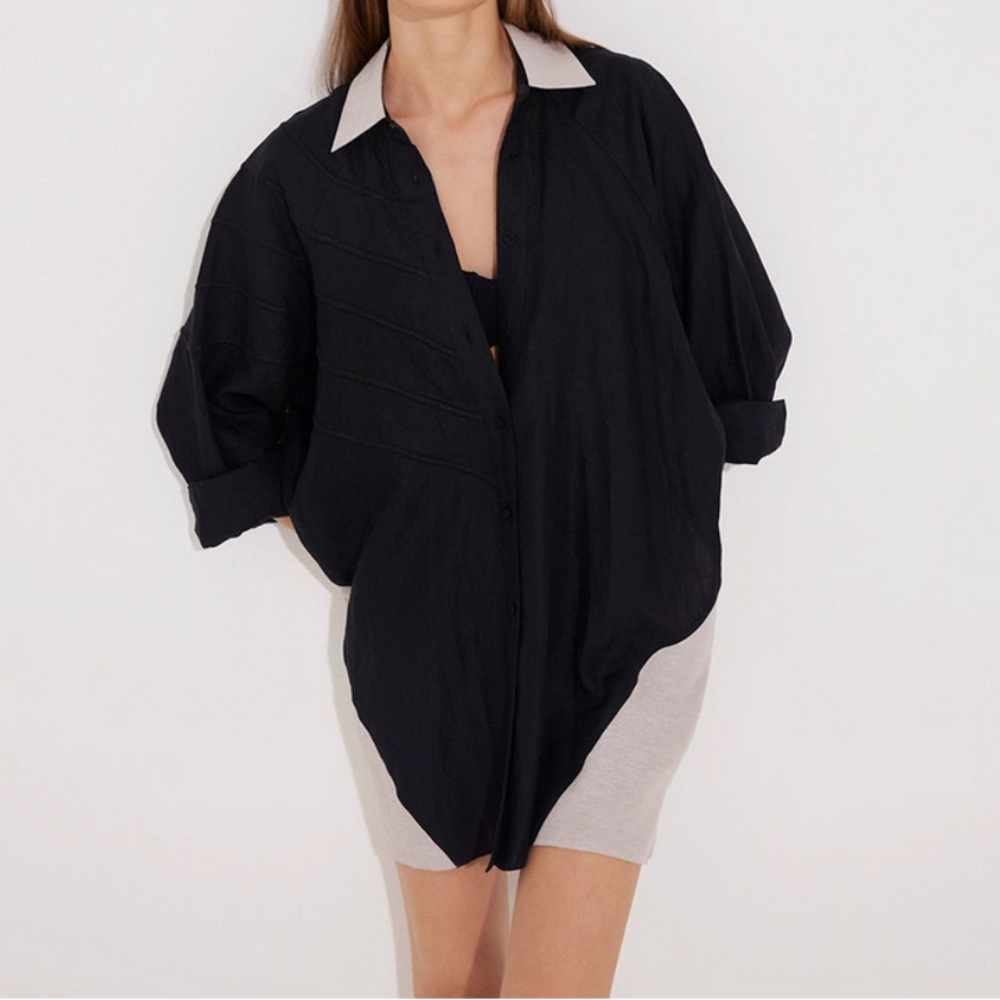 MOEVA Sibilla Black Long Sleeve Oversized Linen Shirt